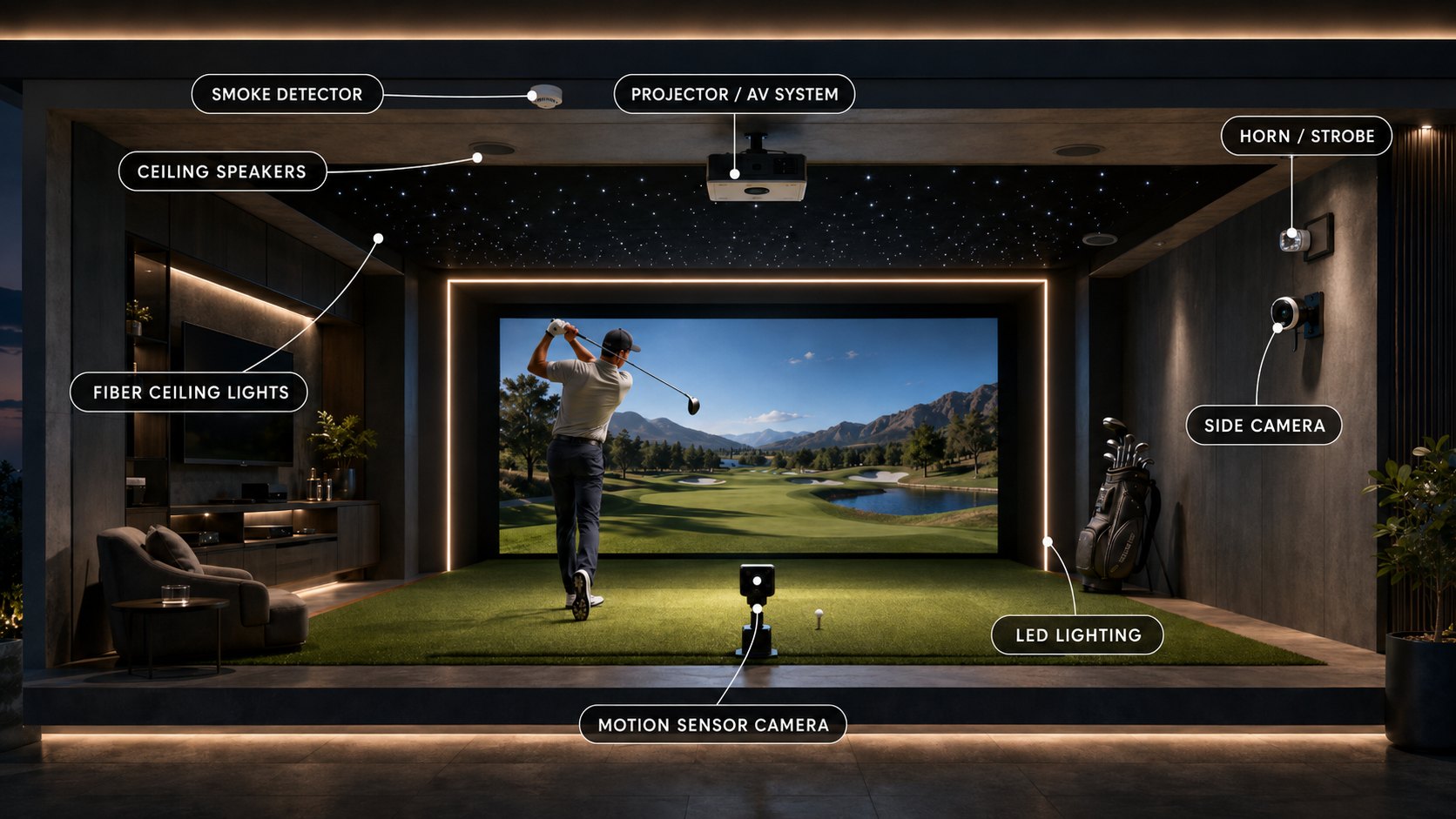 Golf simulator room with AV, lighting and sensor systems