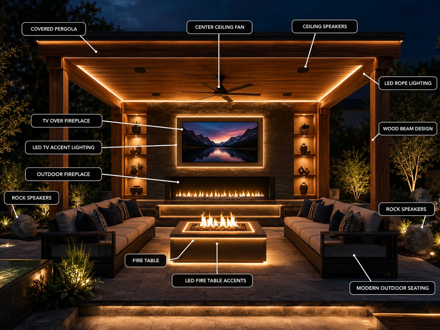 Outdoor covered pergola with TV, fireplace, speakers and LED lighting