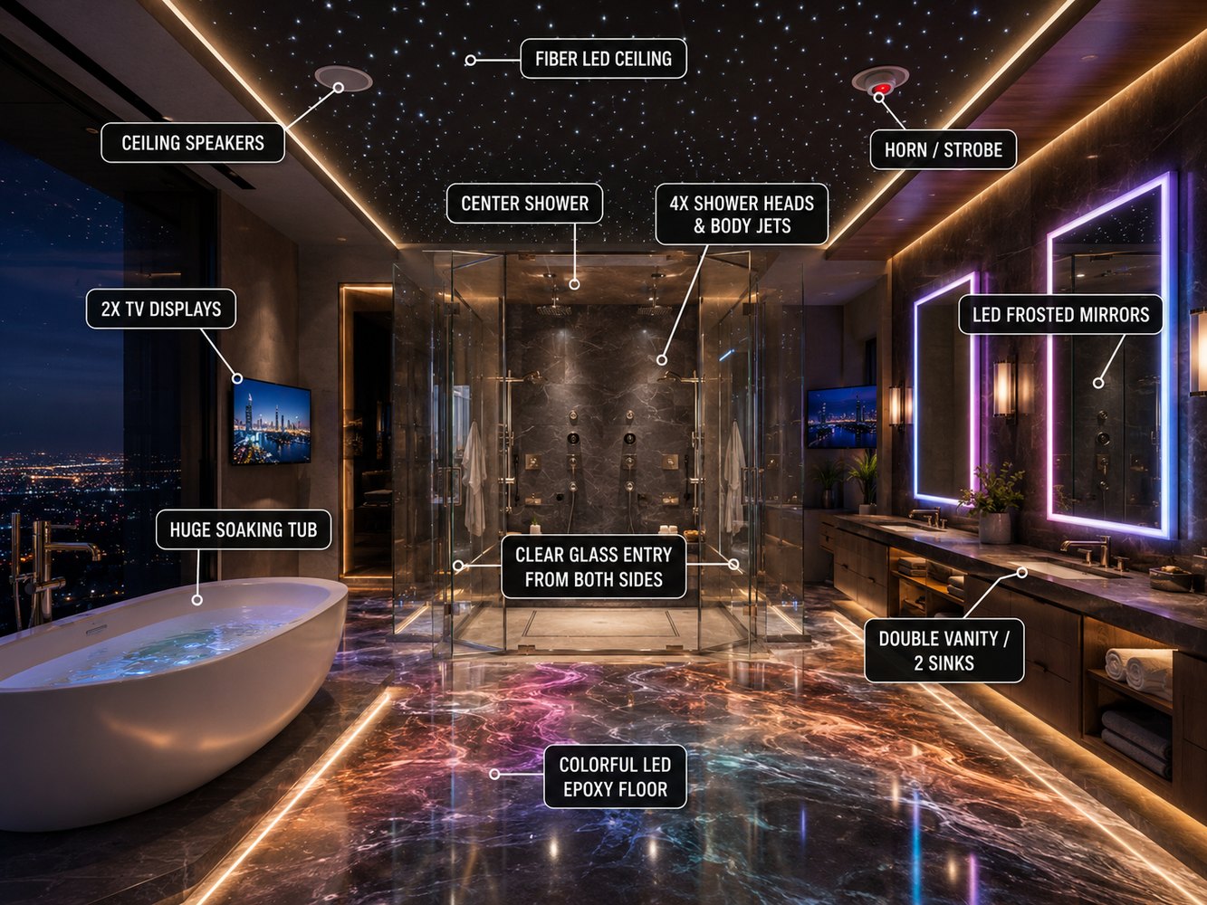 Luxury bathroom with fiber ceiling, speakers, shower system, LED mirrors and epoxy floor