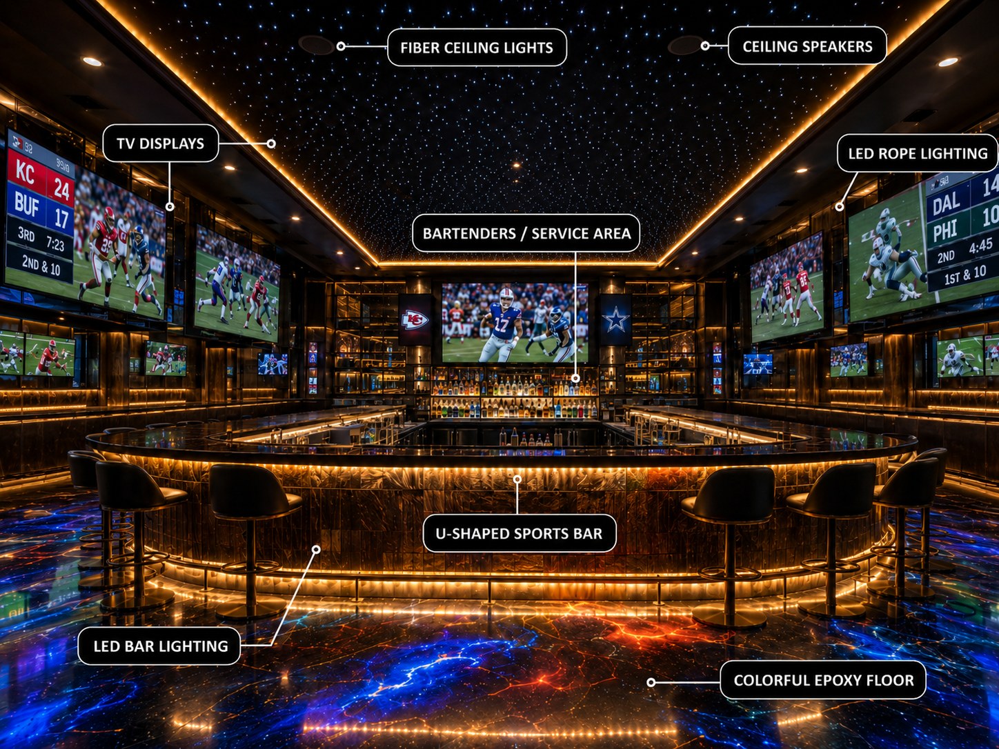 Sports club and U-shaped sports bar with TV displays, fiber ceiling, speakers and LED lighting